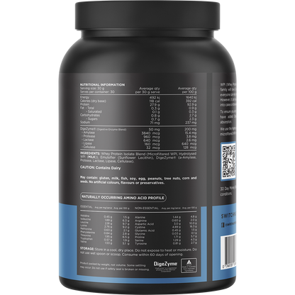 Back of 900g Switch Nutrition WPI Unflavoured tub showing nutritional facts, ingredients, and directions.