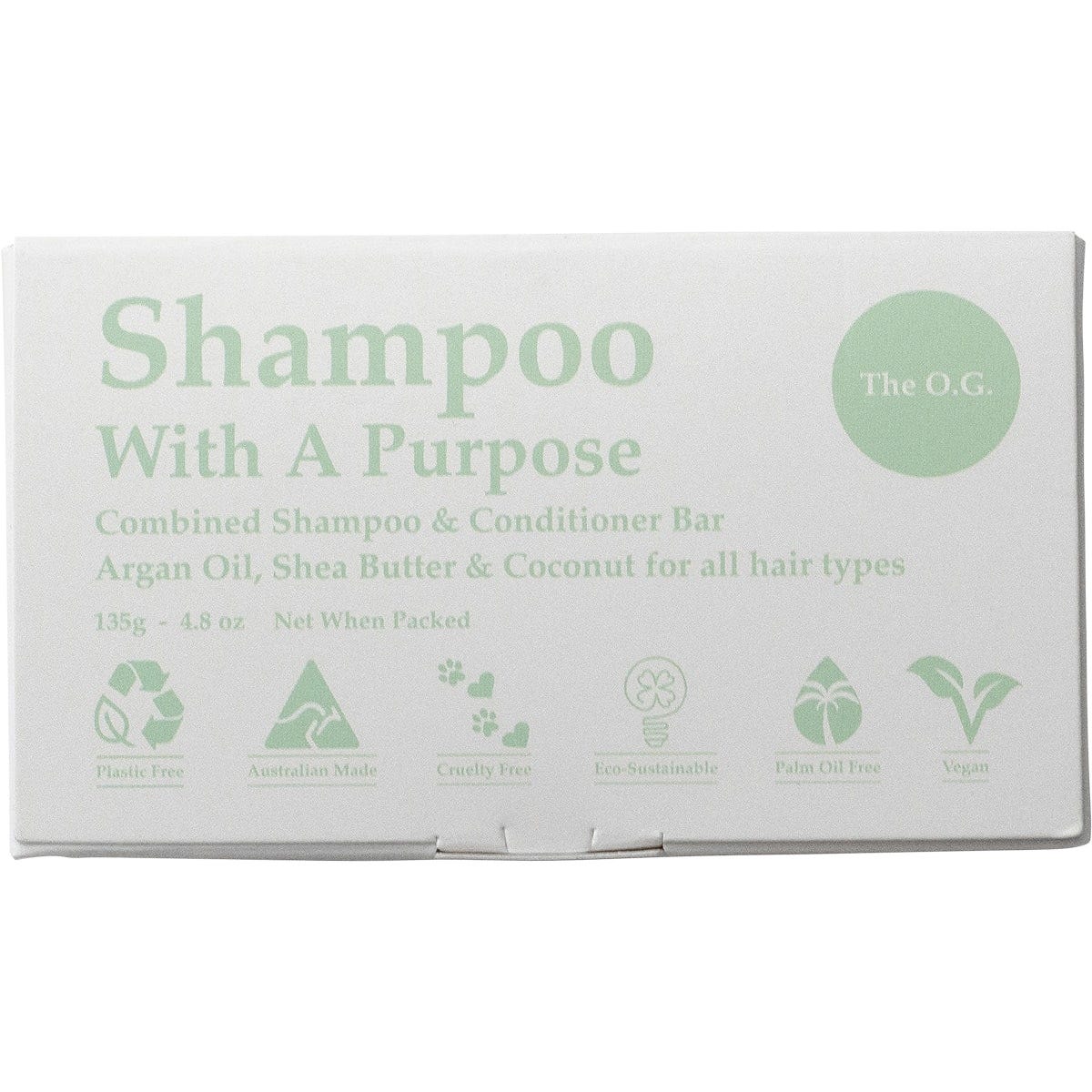 Shampoo With A Purpose The O.G. shampoo and conditioner bar in a white and blue box with a line-art portrait.