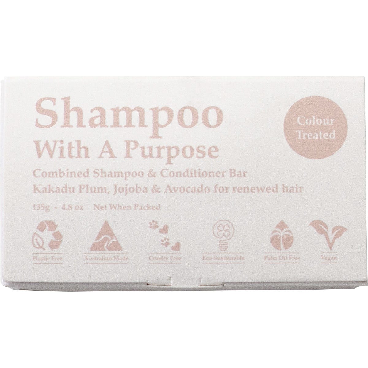 Shampoo With A Purpose Colour Treated Hair shampoo and conditioner bar in a purple and white box.