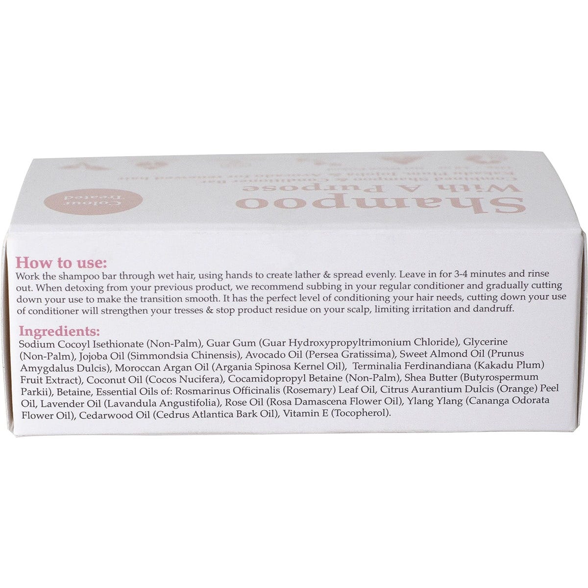 Top view of the purple and white Shampoo With A Purpose Colour Treated Hair packaging.