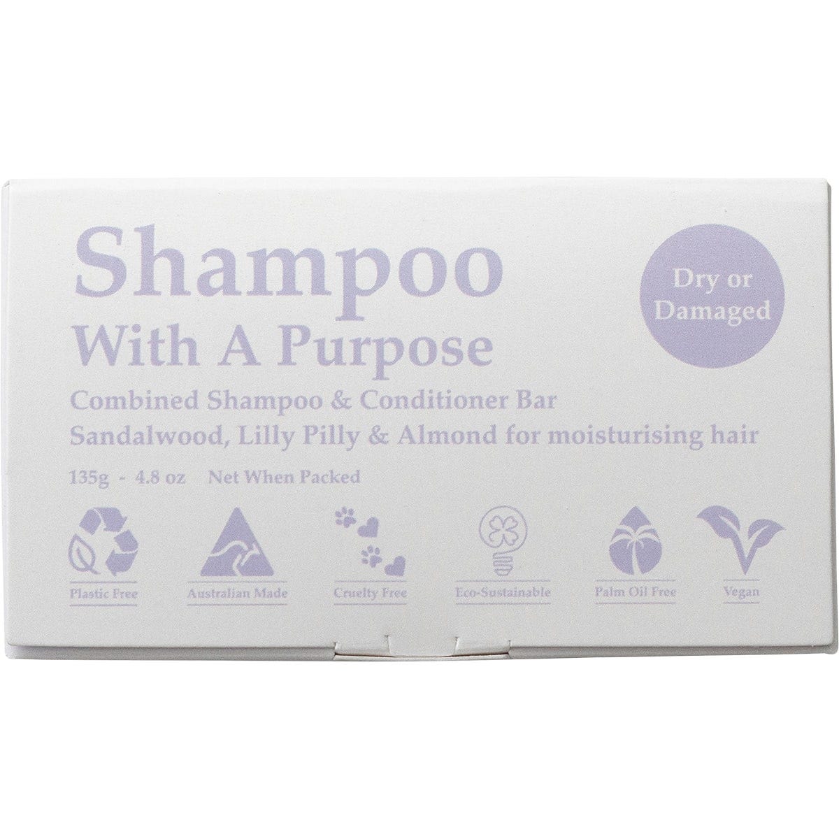 Shampoo With A Purpose bar for dry or damaged hair in white packaging with purple and blue floral accents.