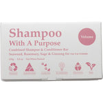 Volume 135g Shampoo With A Purpose bar in a purple and white box with seaweed and botanical illustrations.