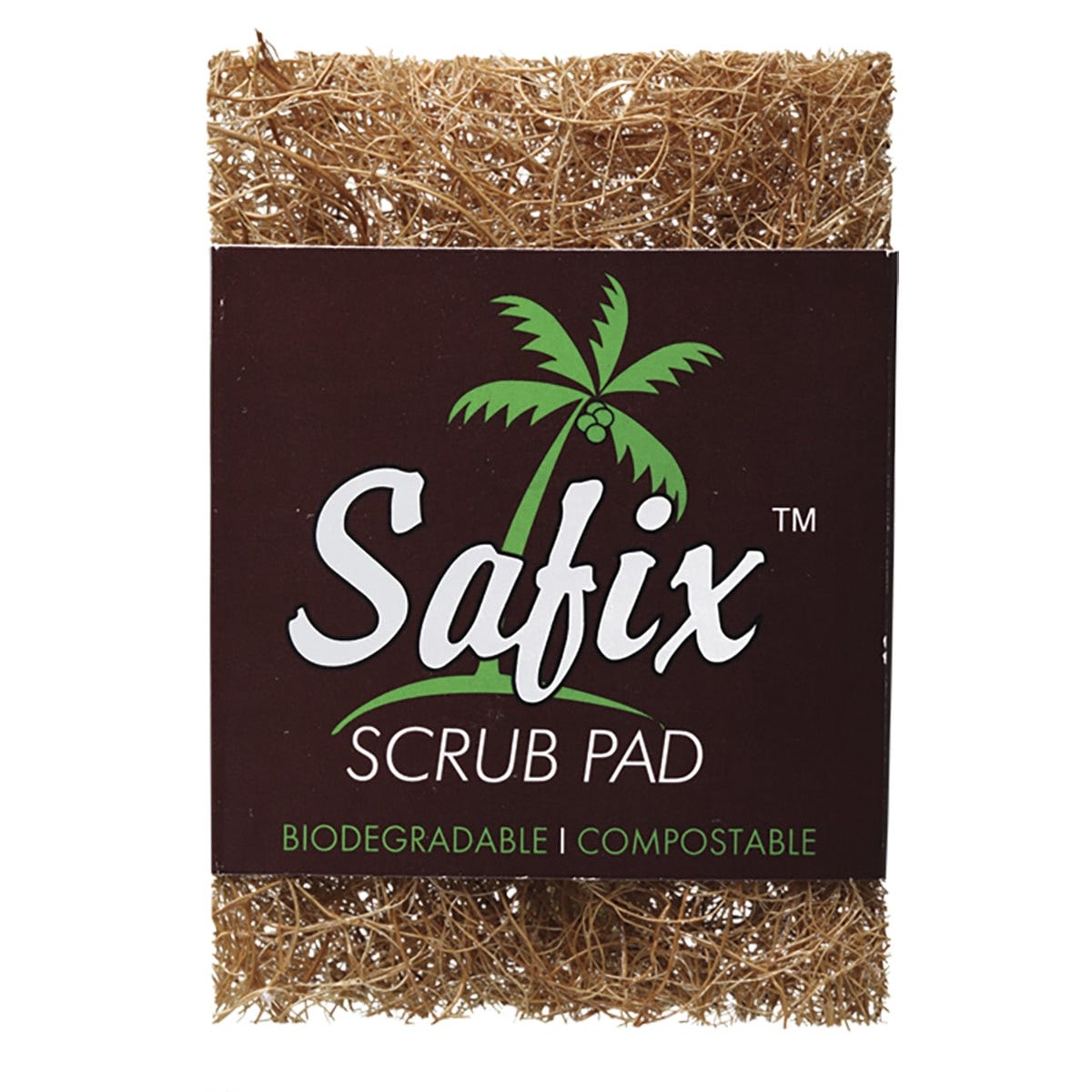 Rectangle brown Safix scrub pad made of natural coconut fiber on a white background.