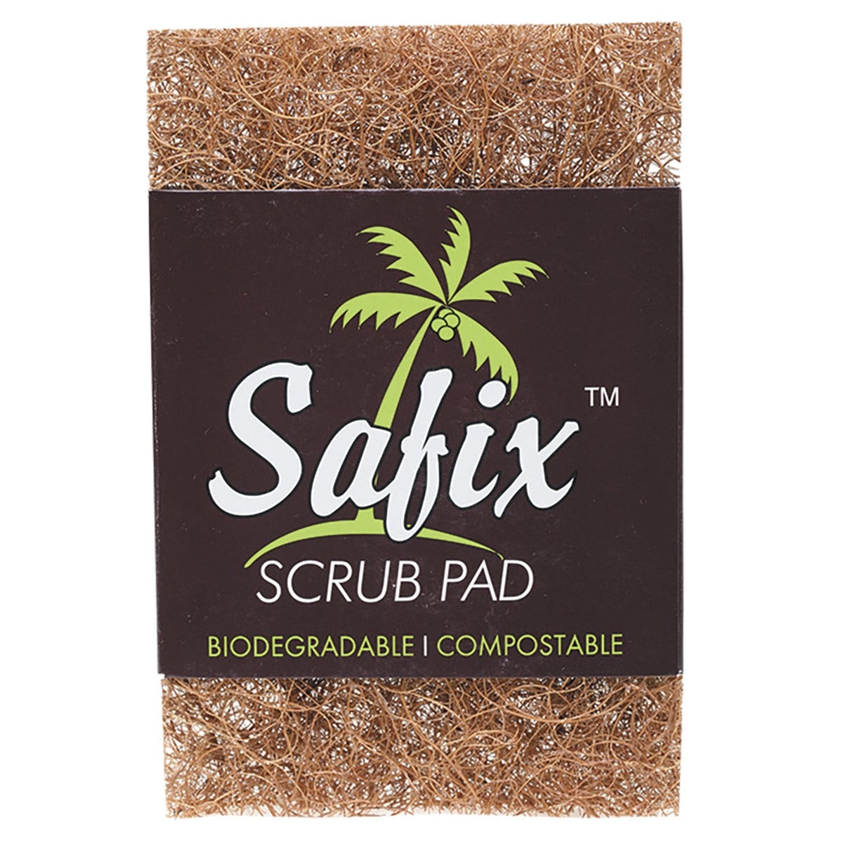 Large rectangular Safix scrub pad made of natural brown coconut fiber for biodegradable kitchen cleaning.