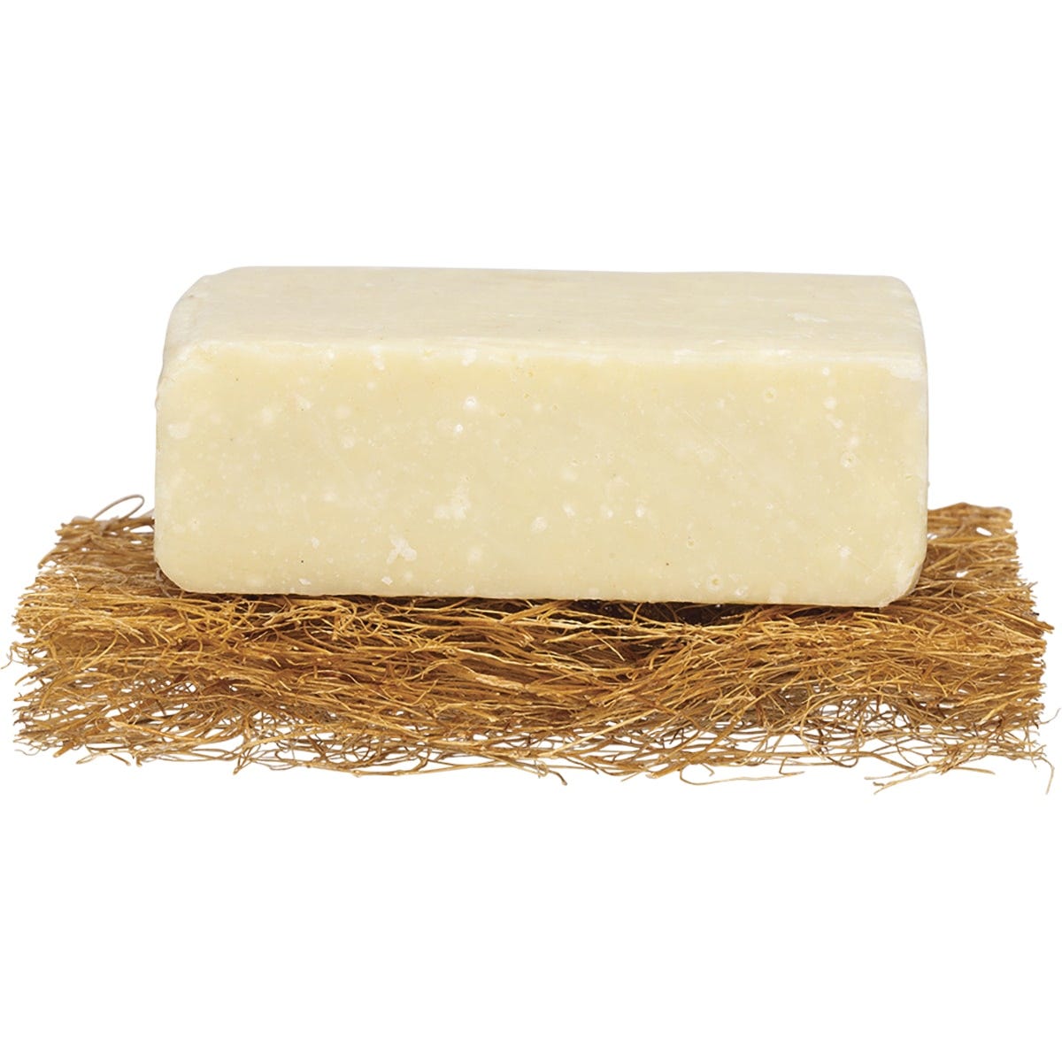 Safix natural coconut fiber soap rest holding a white soap bar on a bathroom sink next to a small plant.