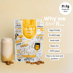 Happy Way Salted Caramel Vegan Protein Powder in a 500g bag, with ingredients like pea and rice protein.