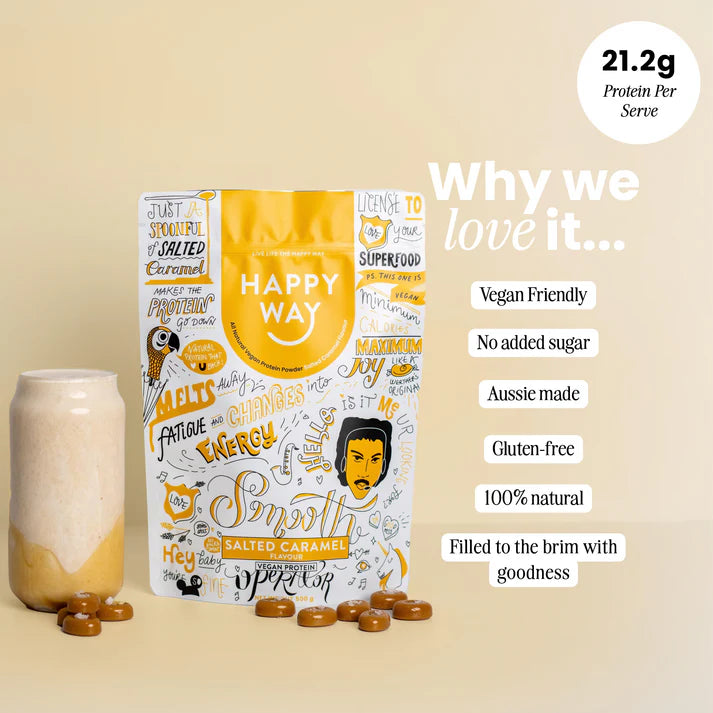 Happy Way Salted Caramel Vegan Protein Powder in a 500g bag, with ingredients like pea and rice protein.
