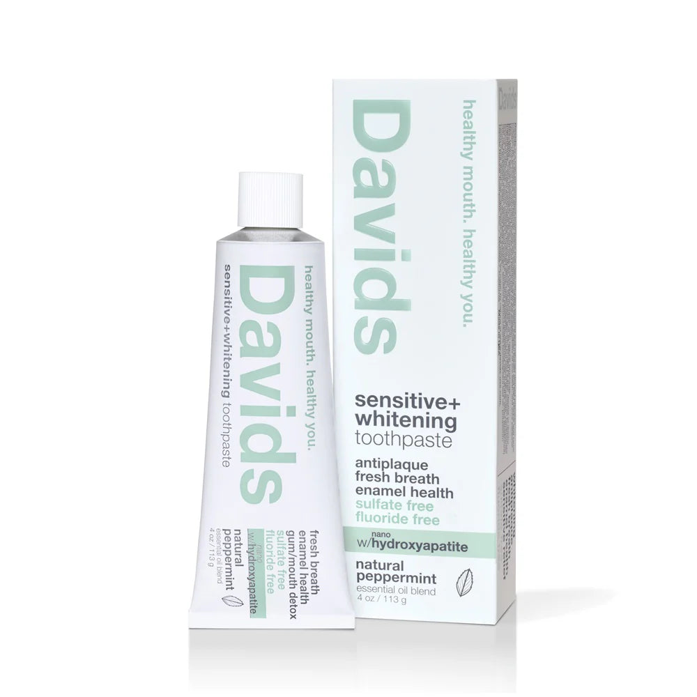 Davids peppermint sensitive plus whitening toothpaste in a recyclable metal tube with a metal tube roller key.