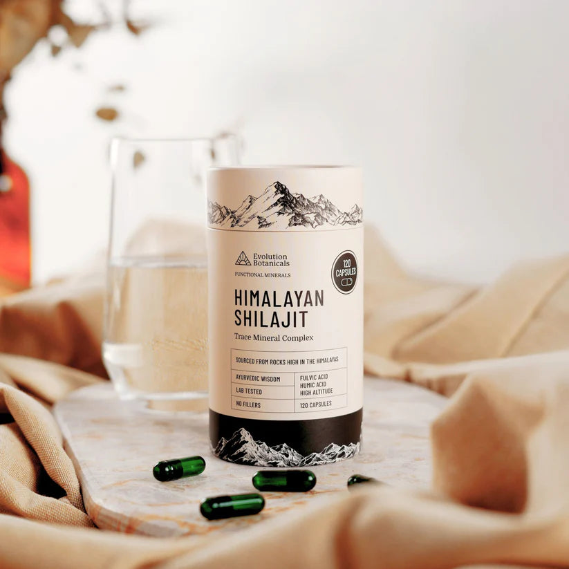 Infographic for Evolution Botanicals Himalayan Shilajit Resin highlighting its natural origin and mineral richness.