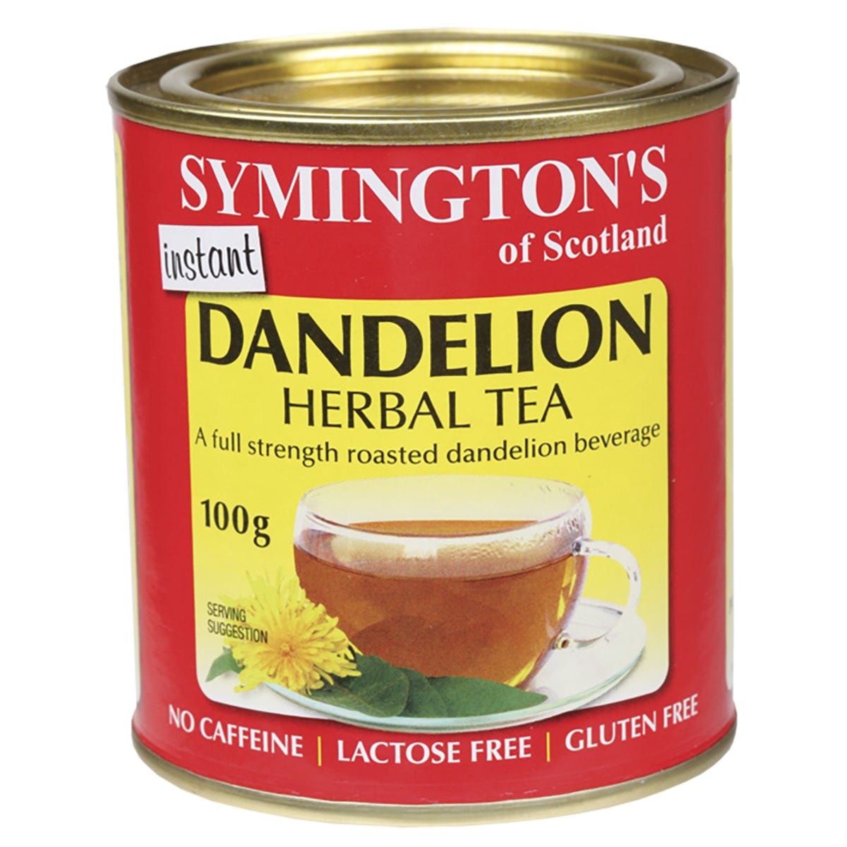 100g tin of Symingtons Instant Herbal Dandelion Tea made from roasted dandelion root on a white background.