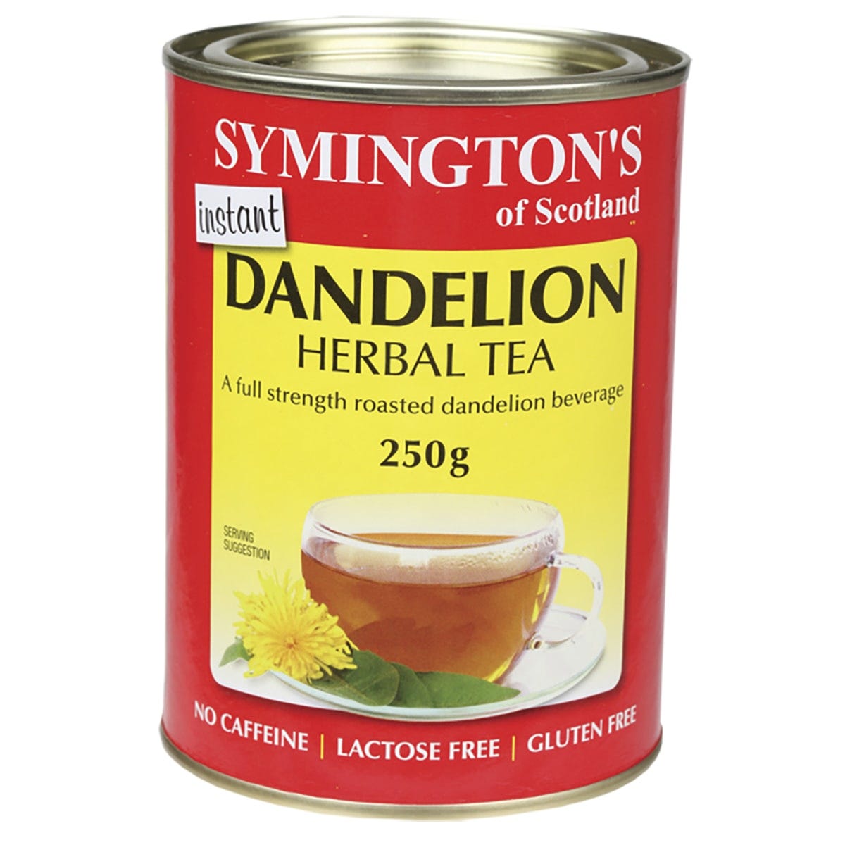 250g jar of Symington's Instant Dandelion Herbal Tea, featuring a yellow label with roasted dandelion root illustrations.
