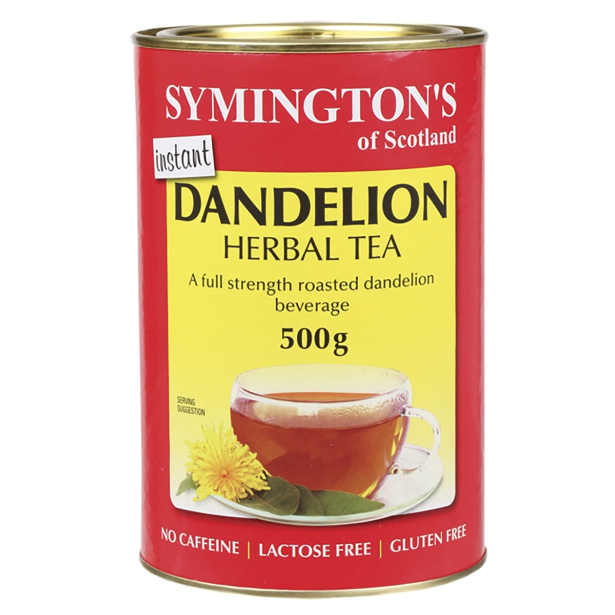Symingtons 500g Dandelion Herbal Tea tin with a yellow and brown label on a white background.