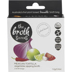 The Broth Sisters Mexican Tortilla Sipping Broth 2-pack showing a bowl of broth with garnish and the product packaging.