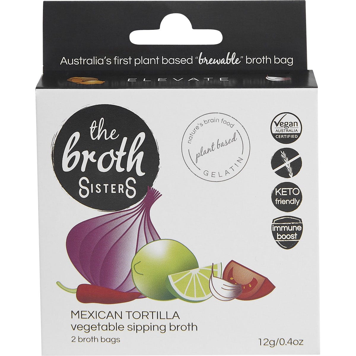 The Broth Sisters Mexican Tortilla Sipping Broth 2-pack showing a bowl of broth with garnish and the product packaging.