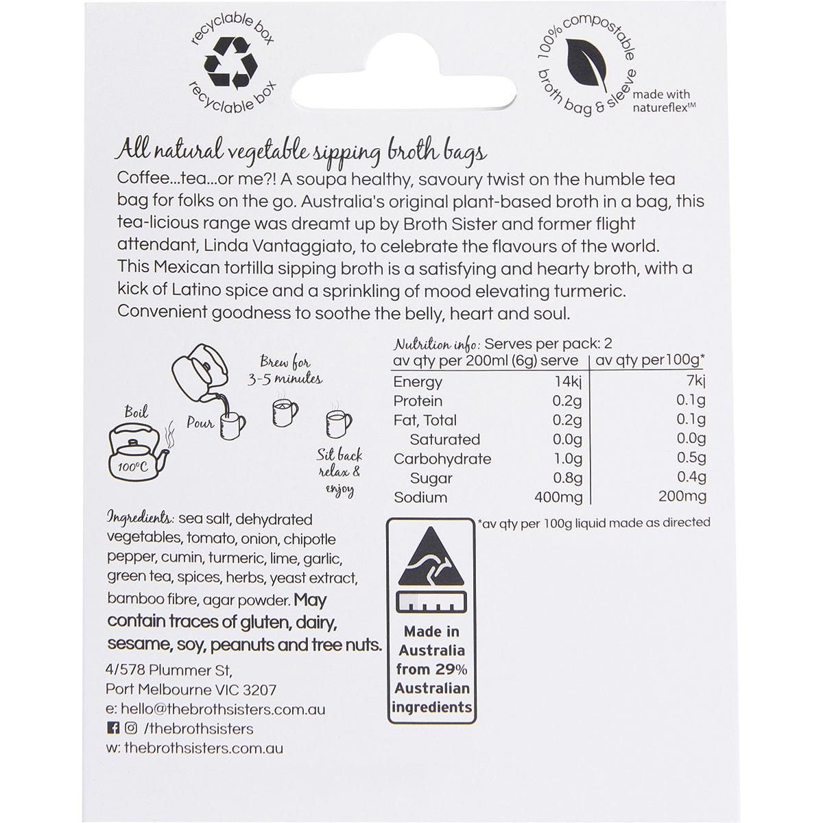 Back of The Broth Sisters Mexican Tortilla Sipping Broth pack with ingredients, nutrition facts, and usage instructions.