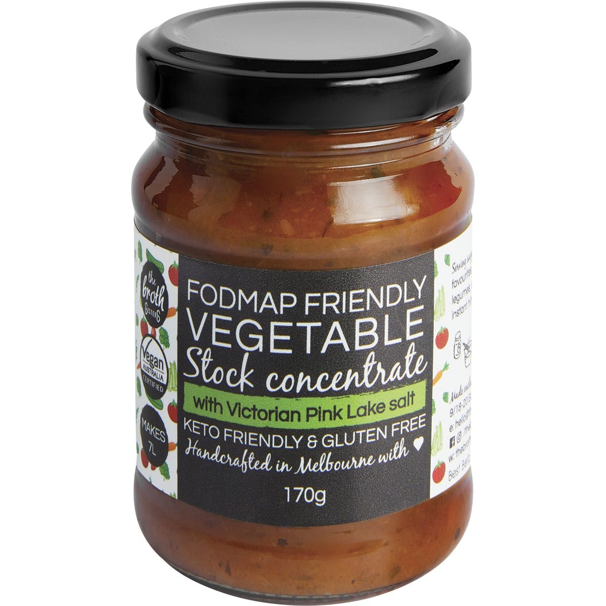 170g jar of The Broth Sisters Vegetable Stock Concentrate, FODMAP friendly, vegan, and gluten-free.
