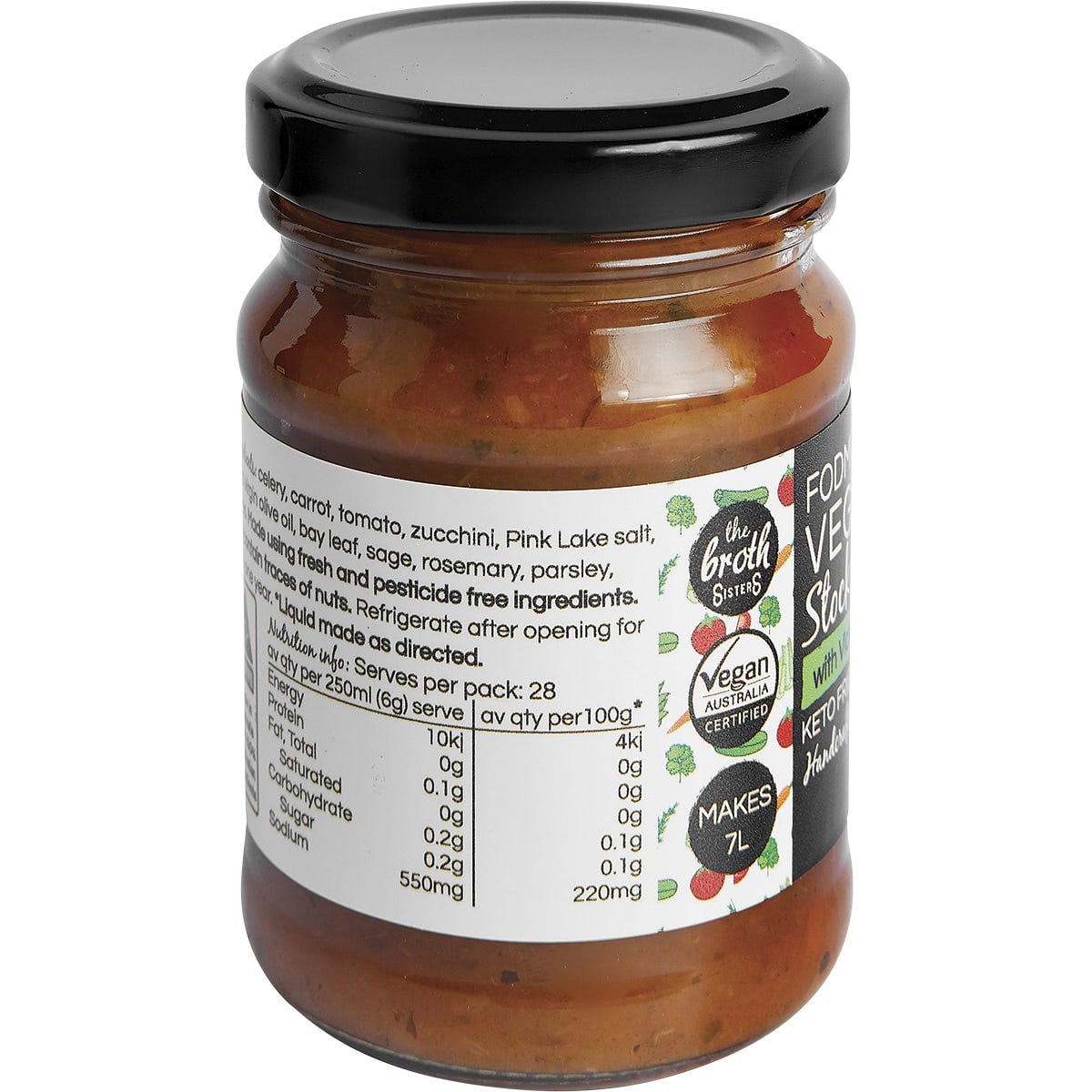 Side view of The Broth Sisters 170g Vegetable Stock Concentrate jar with ingredients and nutritional information.
