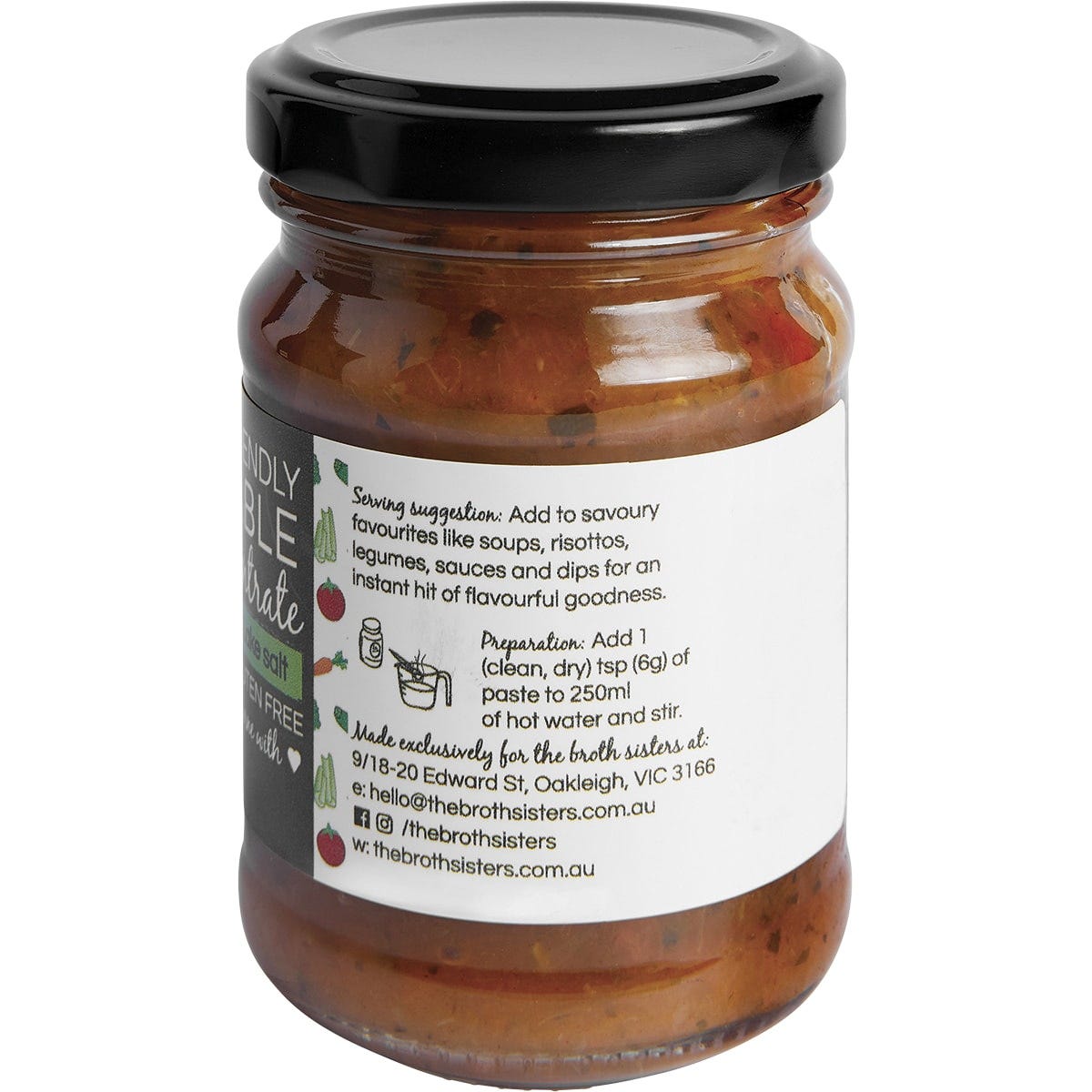 Right side of The Broth Sisters 170g Vegetable Stock jar showing the low FODMAP logo and product benefits.