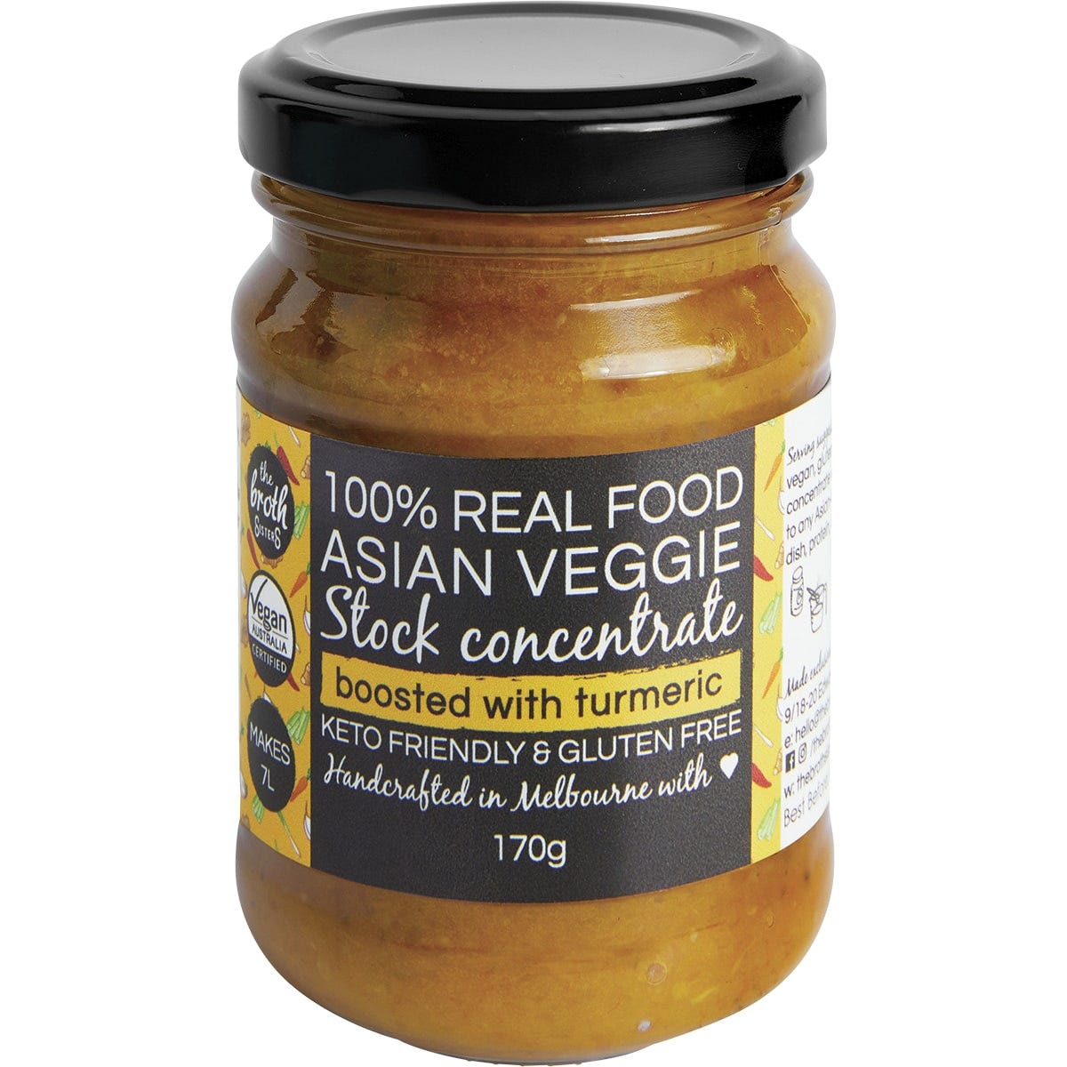 The Broth Sisters Asian Veggie Stock Concentrate 170g jar with turmeric, lemongrass, and ginger on a white background.