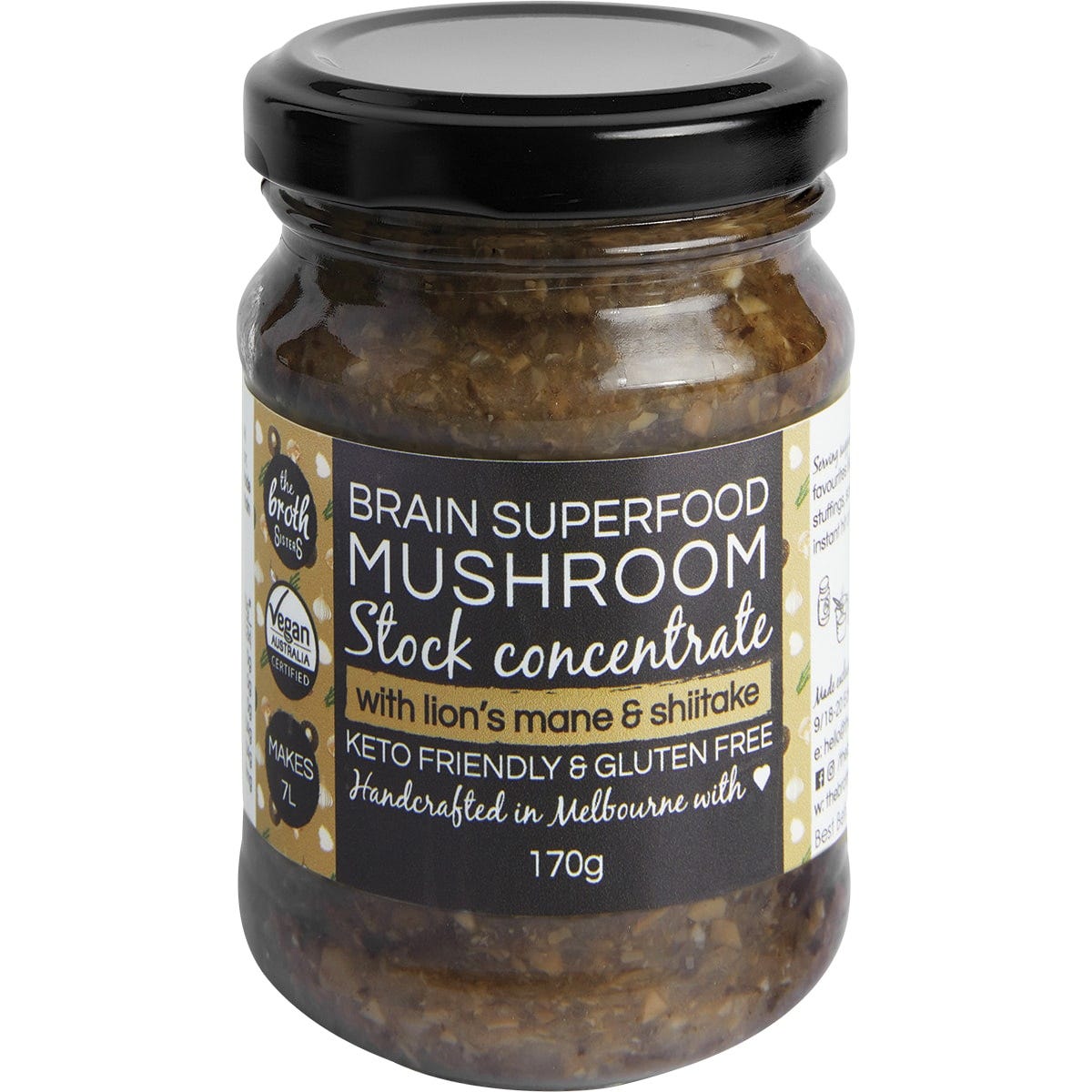 170g jar of The Broth Sisters Superfood Mushroom Stock Concentrate with Lion's Mane on a white background.