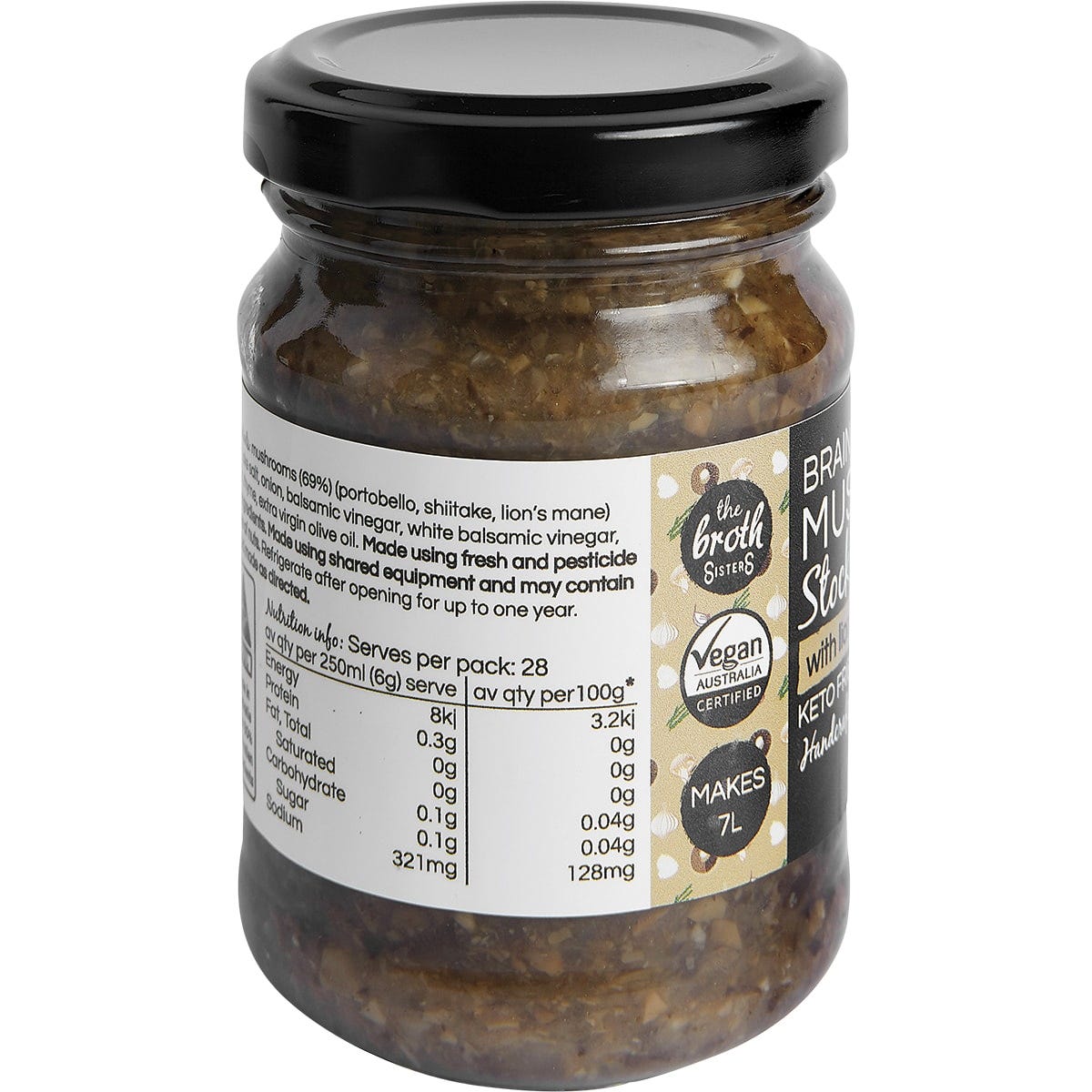 The Broth Sisters Superfood Mushroom Stock Concentrate 170g jar showing ingredients and nutritional info on the side.