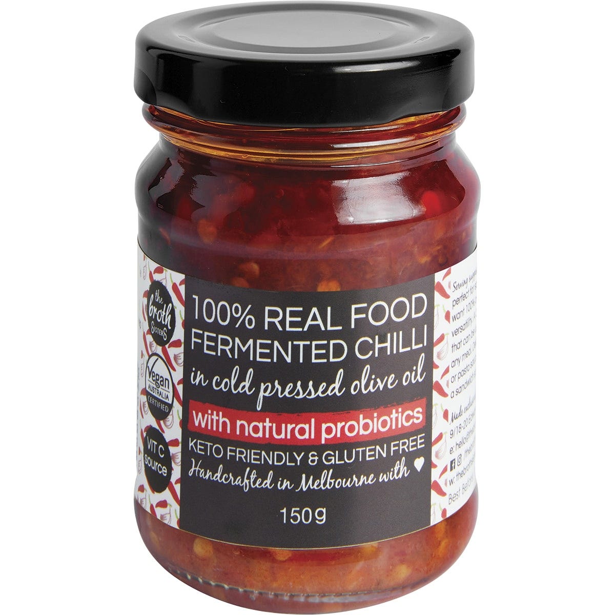 The Broth Sisters Fermented Chilli in Cold Pressed Olive Oil + Probiotics 150g glass jar on a white background.