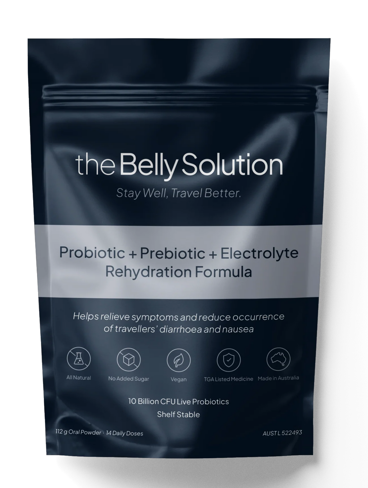 A stand-up pouch of 'the Belly Solution' Probiotic + Prebiotic + Electrolyte Rehydration Formula, shown on a clean white background with a soft drop shadow.
