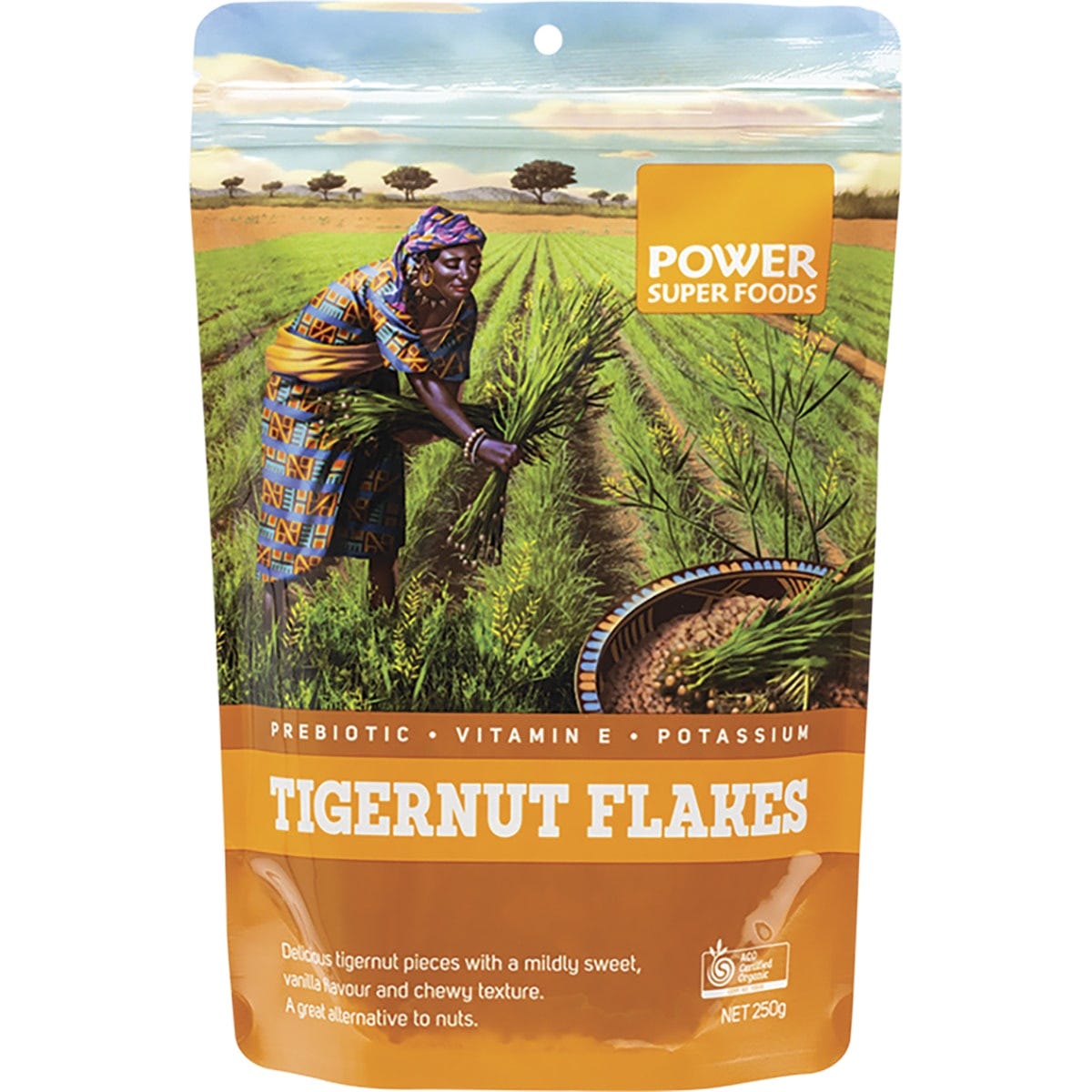250g bag of Power Super Foods Certified Organic Tigernut Flakes on a white background.