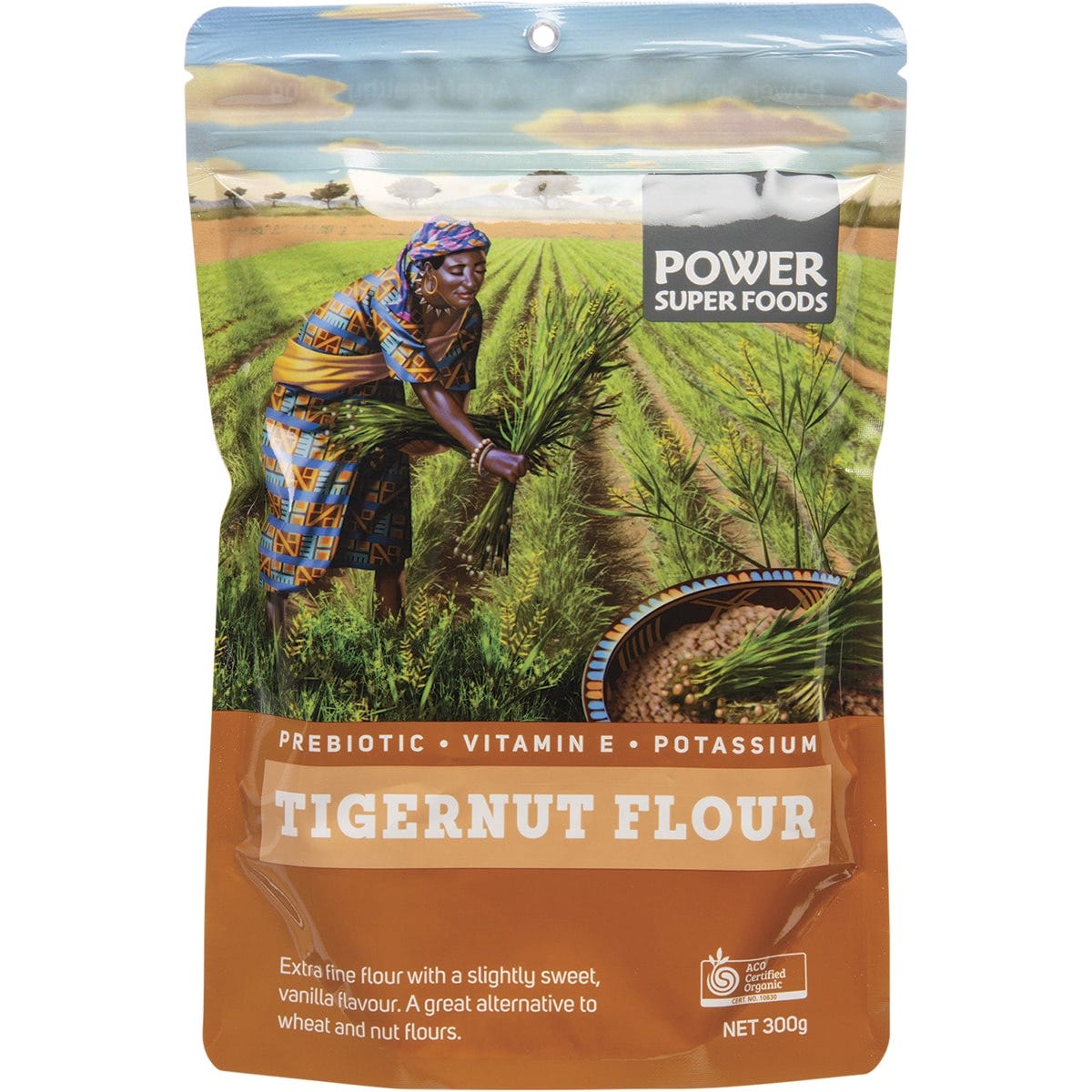 300g bag of Power Super Foods Certified Organic Tigernut Flour, a grain-free and gluten-free wheat alternative.