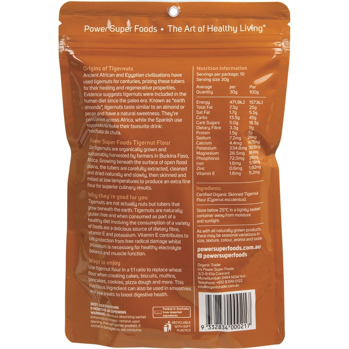 Back of 300g Power Super Foods Tigernut Flour pack with nutrition facts, ingredients, and usage instructions.