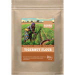 1kg bag of Power Super Foods Tigernut Flour with a white and orange label and a bowl of fine flour.