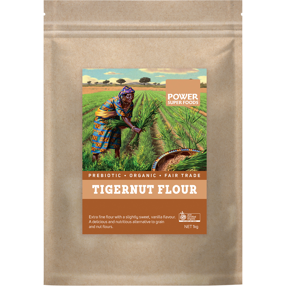 1kg bag of Power Super Foods Tigernut Flour with a white and orange label and a bowl of fine flour.