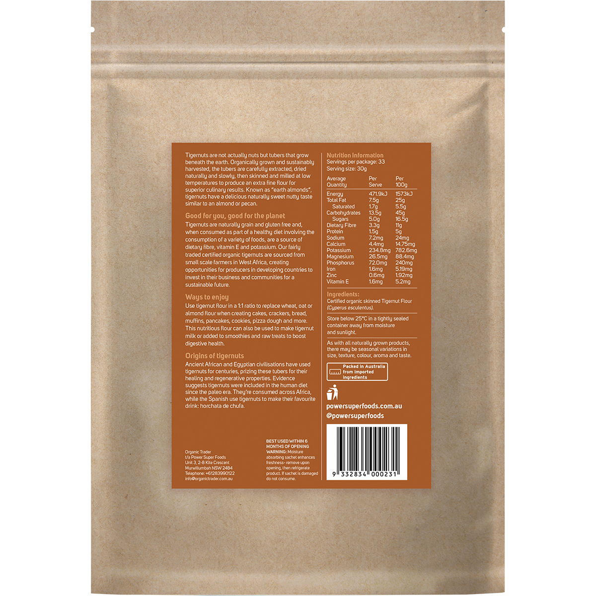 Back of Power Super Foods Tigernut Flour 1kg bag showing nutrition facts, benefits, and barcode on a white background.