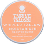 70ml jar of Thrive Tallow Scented Whipped Tallow Moisturiser with a black lid on a white background.