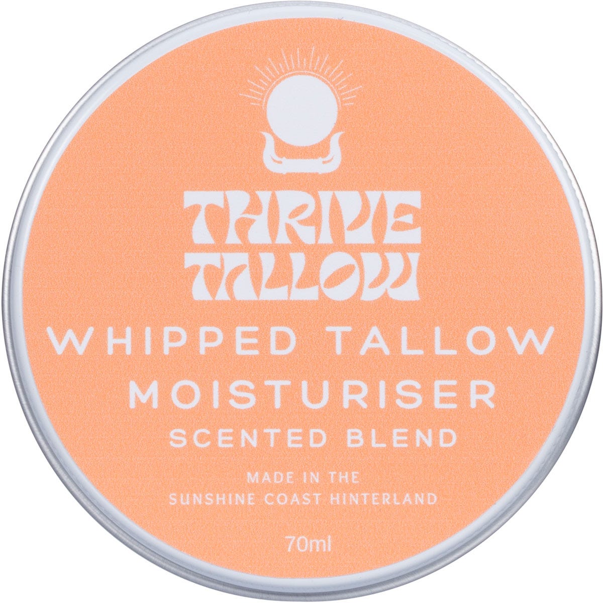 70ml jar of Thrive Tallow Scented Whipped Tallow Moisturiser with a black lid on a white background.