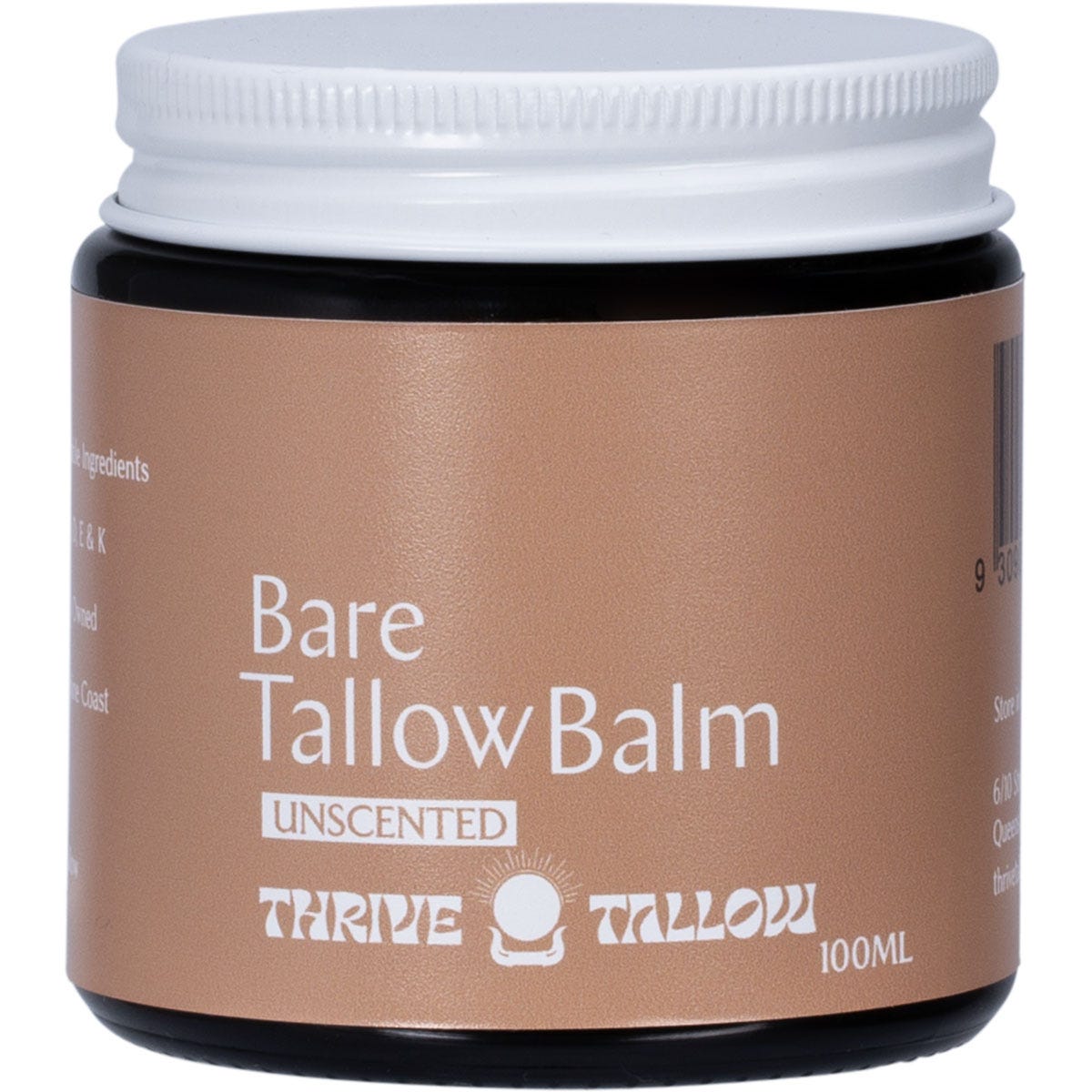 100ml jar of Thrive Tallow Bare Tallow Balm with a black lid and a minimalist white label on a white background.