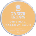 Thrive Tallow Original Tallow Balm 70ml glass jar with a white label and botanical illustrations on a white background.