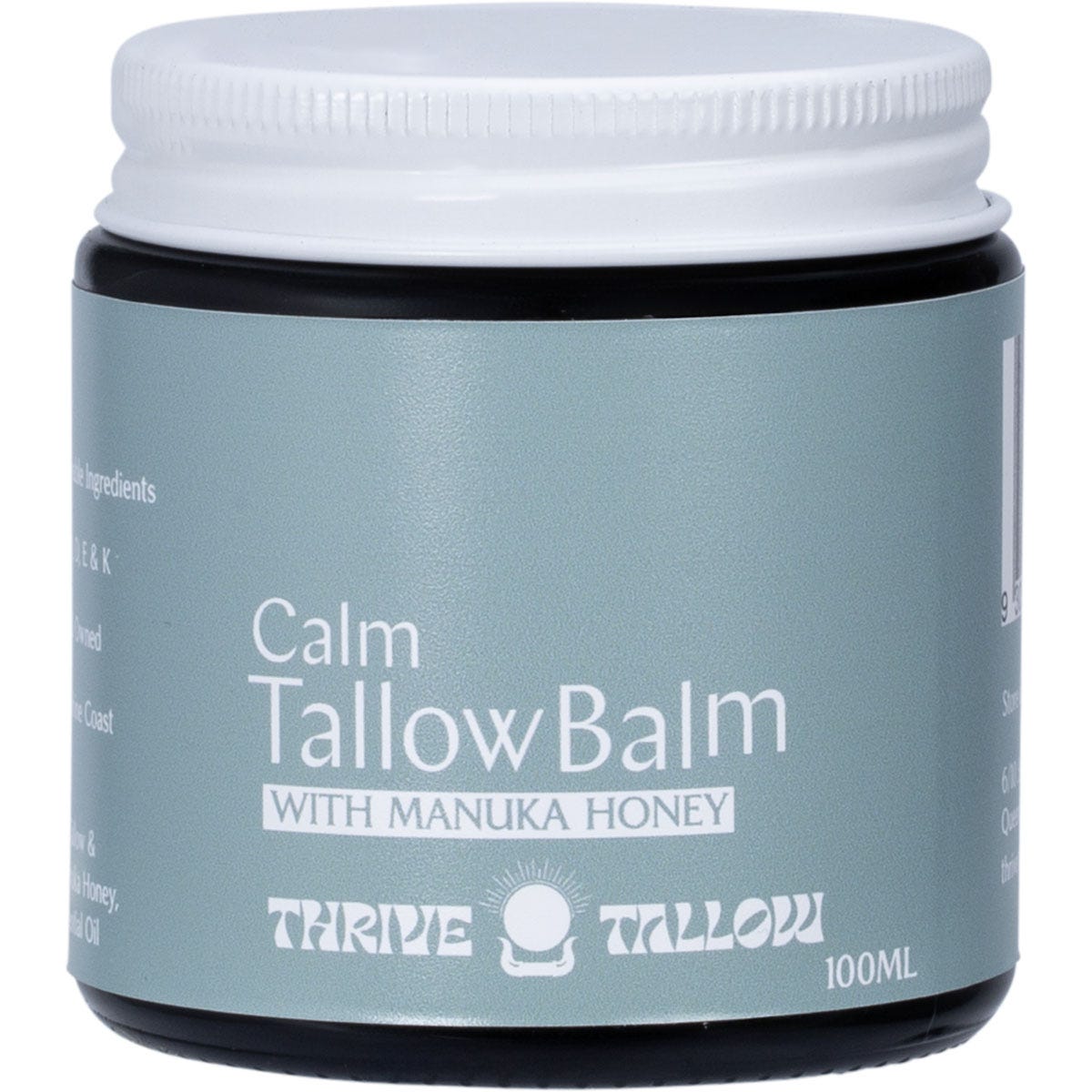 100ml amber glass jar of Thrive Tallow Calm Tallow Balm with a black lid and a minimalist white label.