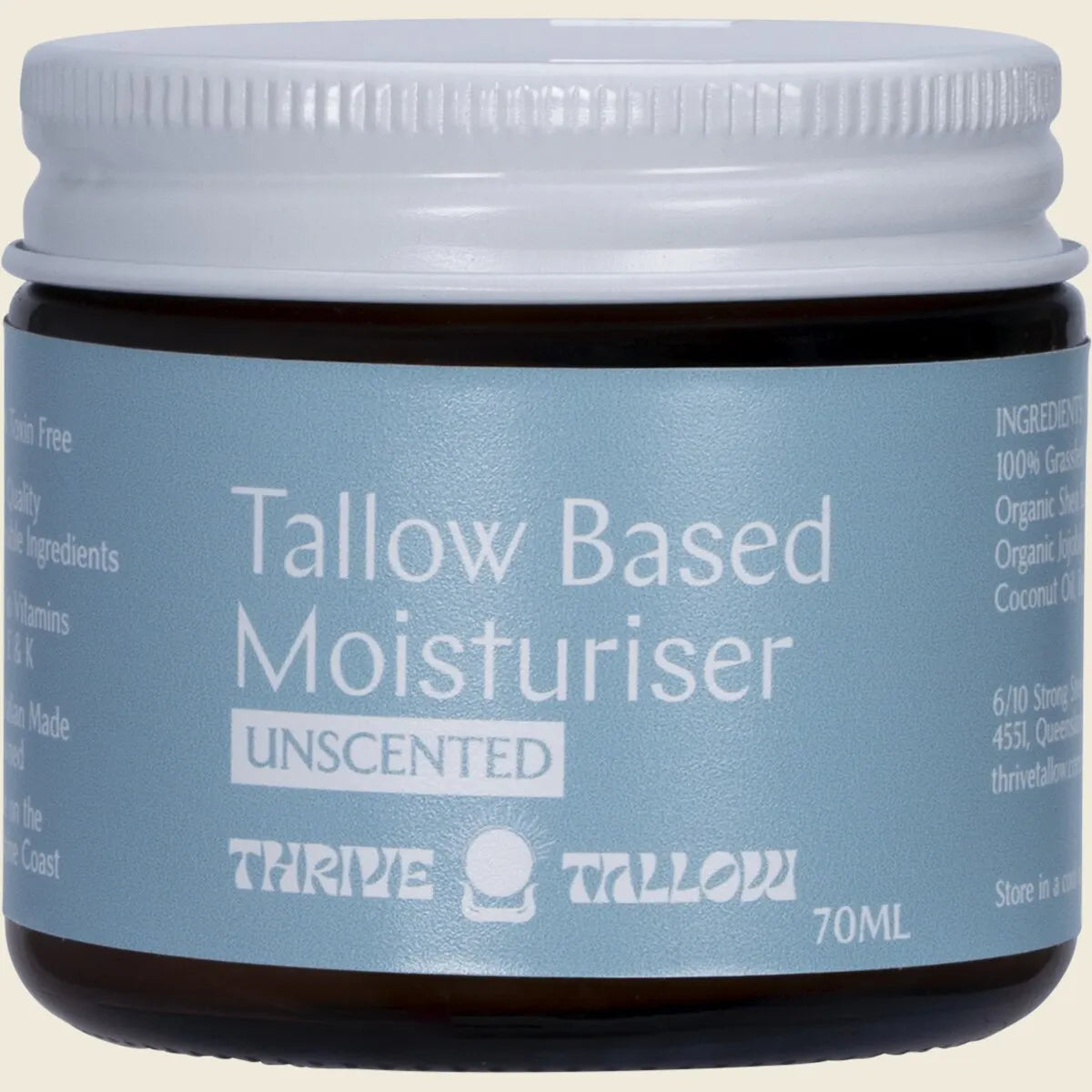 70ml tin of Thrive Tallow Unscented Tallow Based Moisturiser with a white and tan label on a white background.