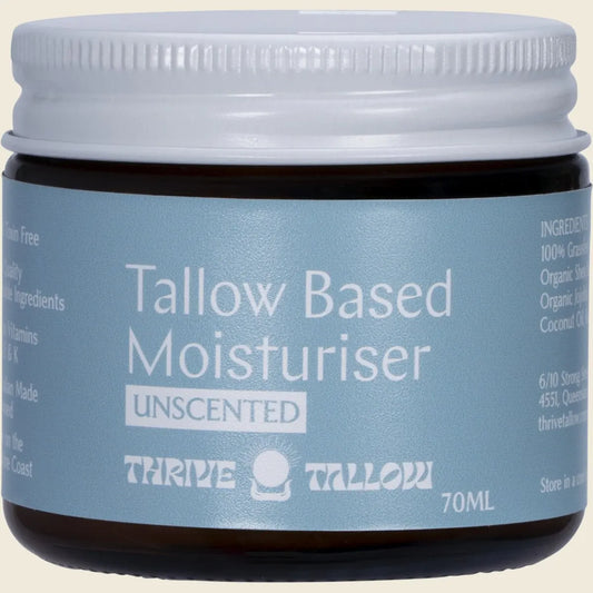 70ml tin of Thrive Tallow Unscented Tallow Based Moisturiser with a white and tan label on a white background.