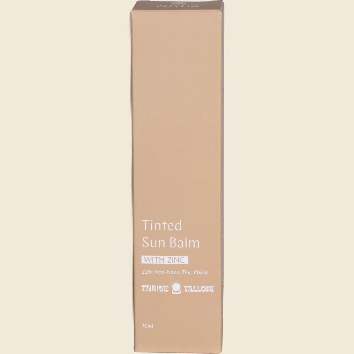 White retail box for Thrive Tallow Tinted Sun Balm with Zinc 70ml featuring natural, grass-fed tallow formula.
