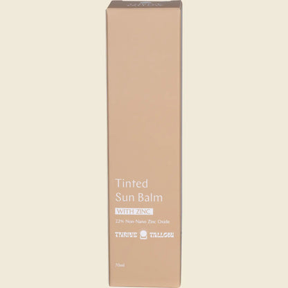 White retail box for Thrive Tallow Tinted Sun Balm with Zinc 70ml featuring natural, grass-fed tallow formula.