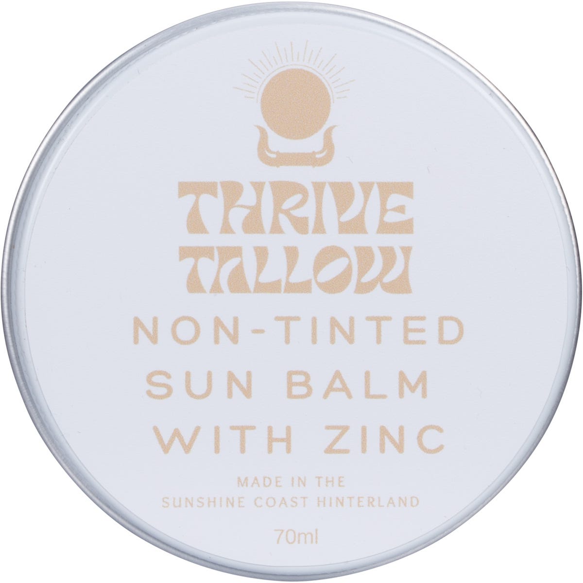 Thrive Tallow 70ml non-tinted sun balm tin with zinc oxide and grass-fed tallow on a white background.
