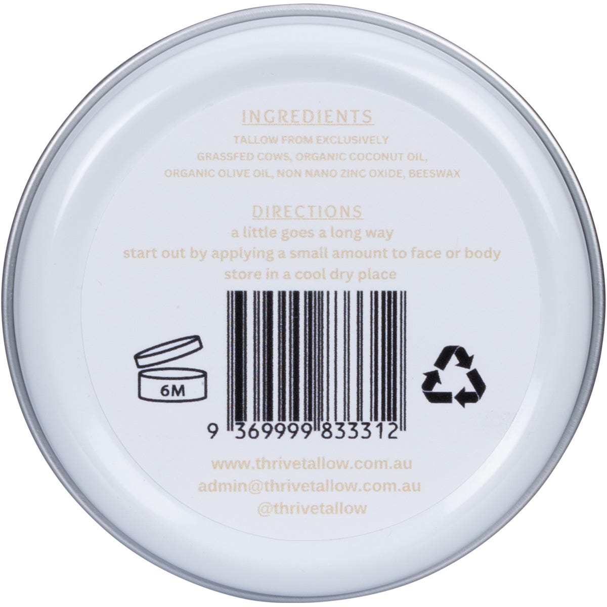 Back of Thrive Tallow 70ml Sun Balm tin with ingredients, usage directions, and Australian made logo.