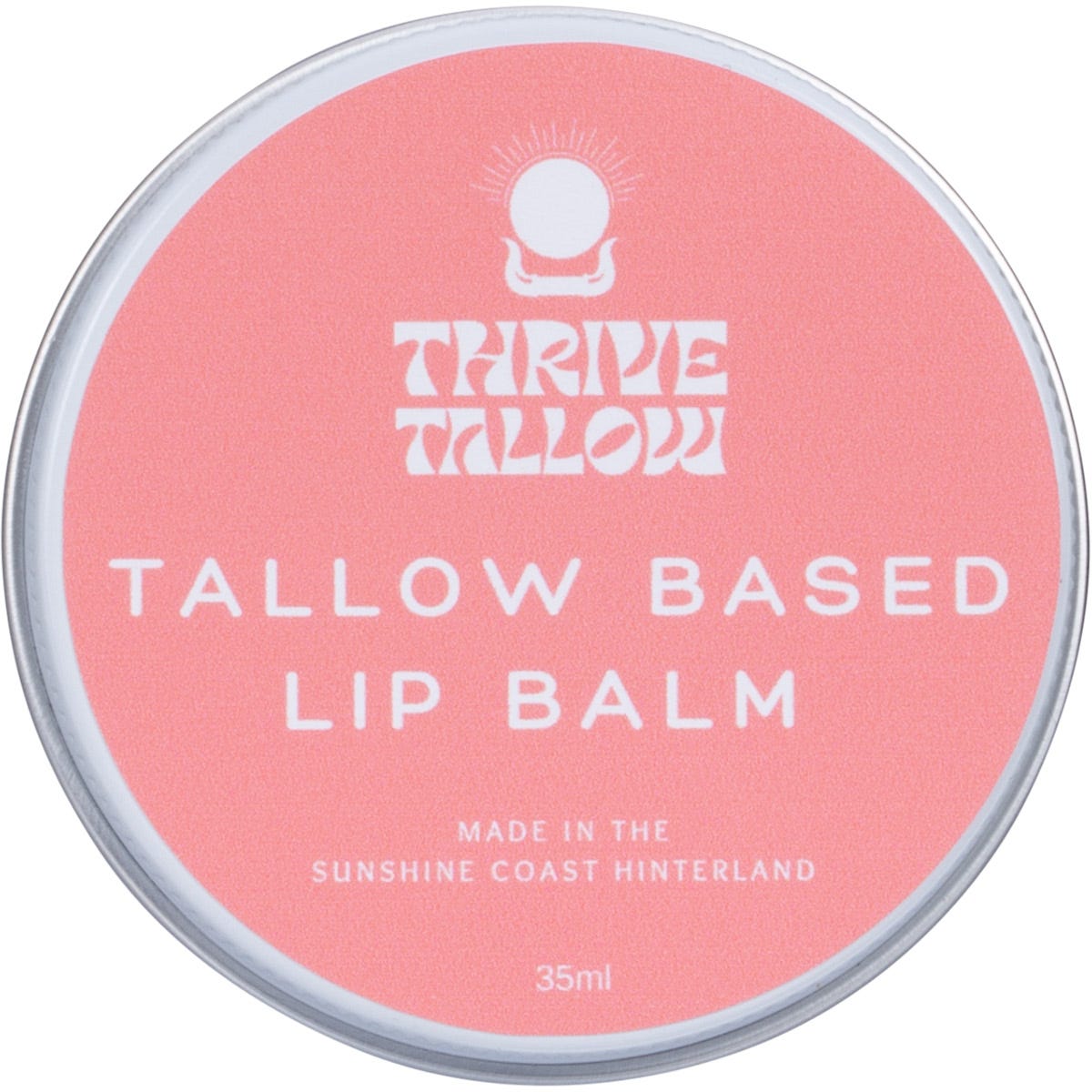 Thrive Tallow 35ml lip balm in a silver metal tin featuring a minimalist label and a brown leaf logo.