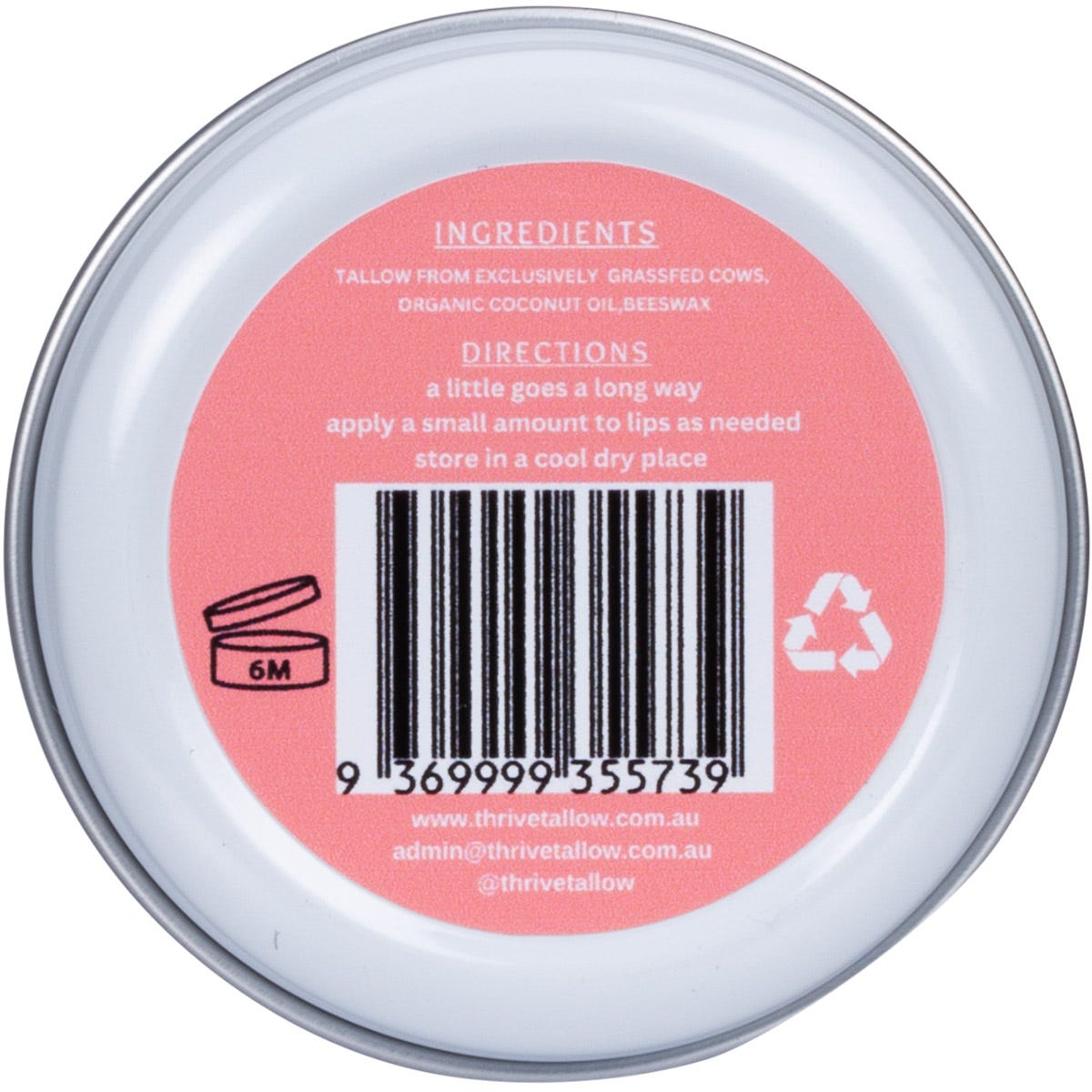 Back of Thrive Tallow Lip Balm tin with ingredients, usage directions, and local Australian manufacturing details.