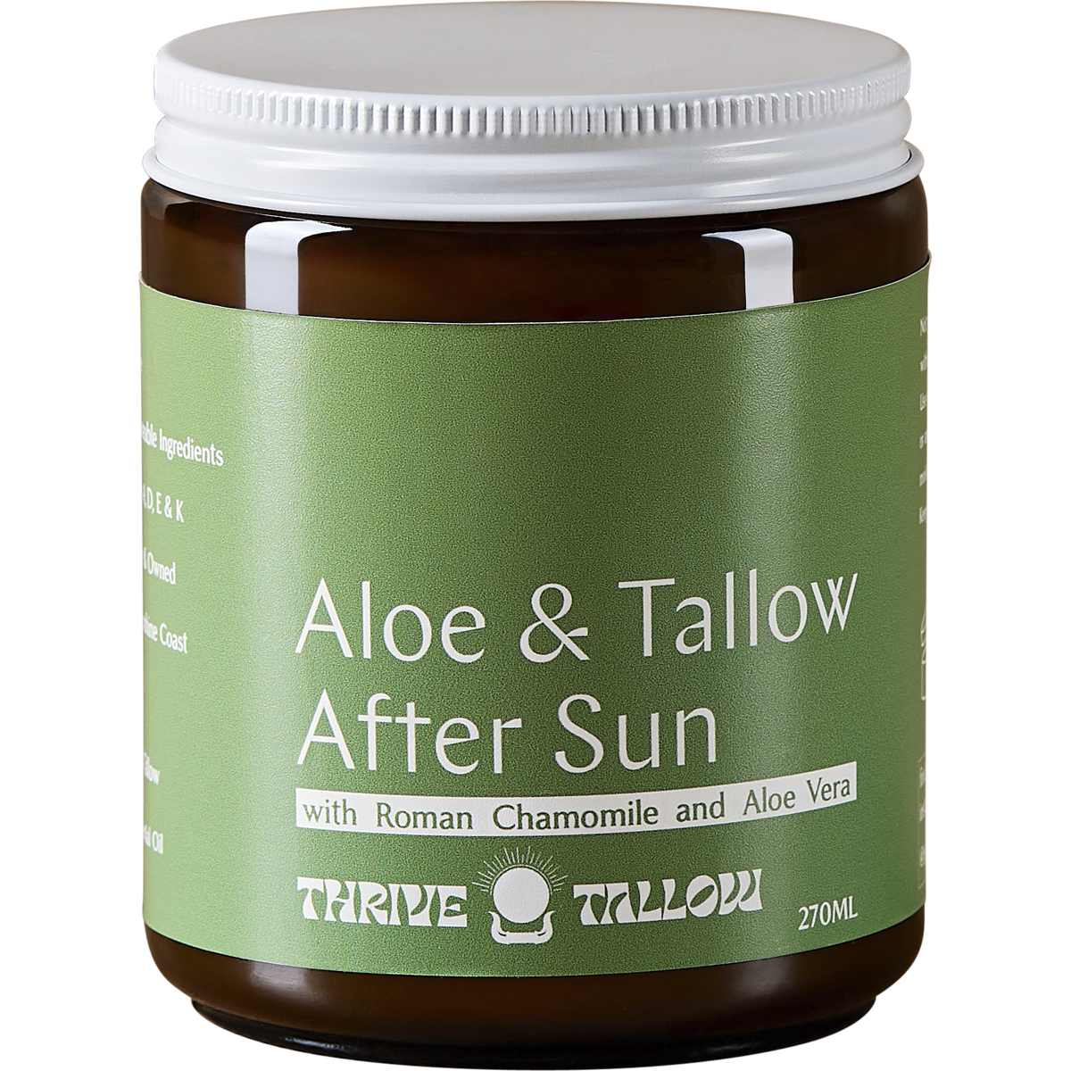 270ml tub of Thrive Tallow Aloe & Tallow After Sun Balm with botanical illustrations on a white background.