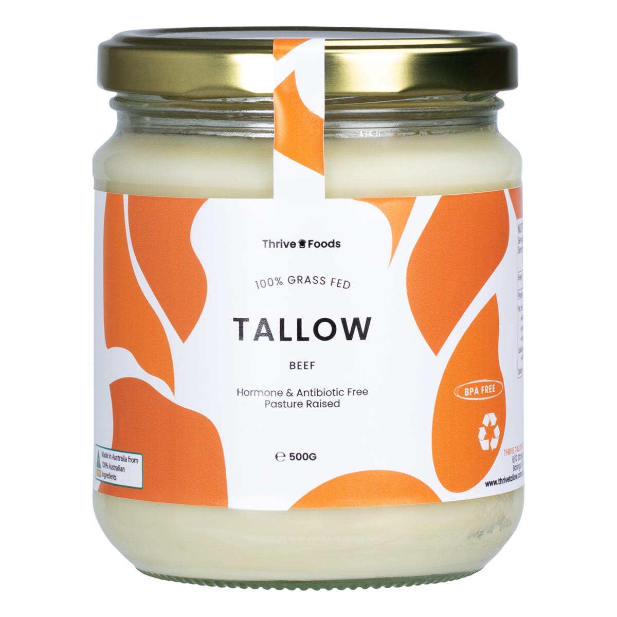 500ml glass jar of Thrive Tallow 100% Grass Fed Tallow with a white and gold label and black lid.