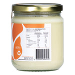 Side view of a 500ml glass jar of Thrive Tallow Grass Fed Tallow with a white and gold label and black lid.
