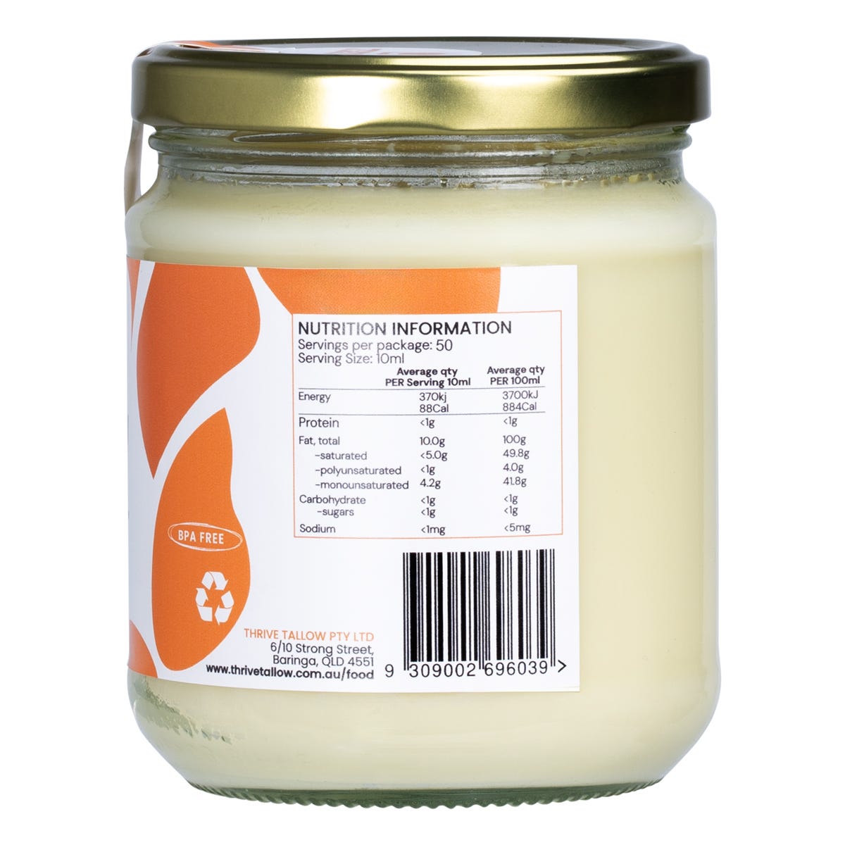 Side view of a 500ml glass jar of Thrive Tallow Grass Fed Tallow with a white and gold label and black lid.